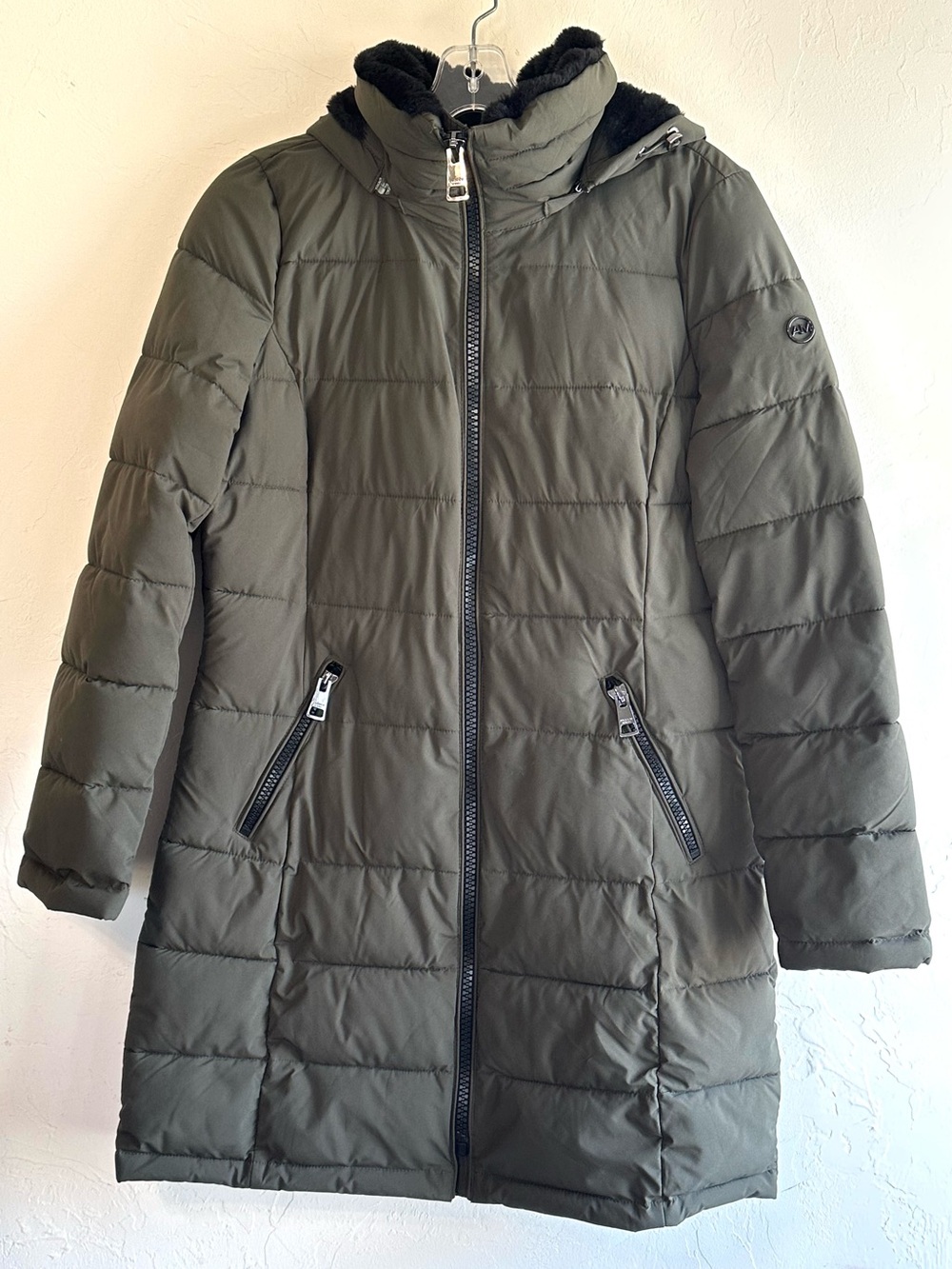 Andrew Marc Olive Green Quilted Fur-Lined Hood Puffer Thigh Length Coat Sz S